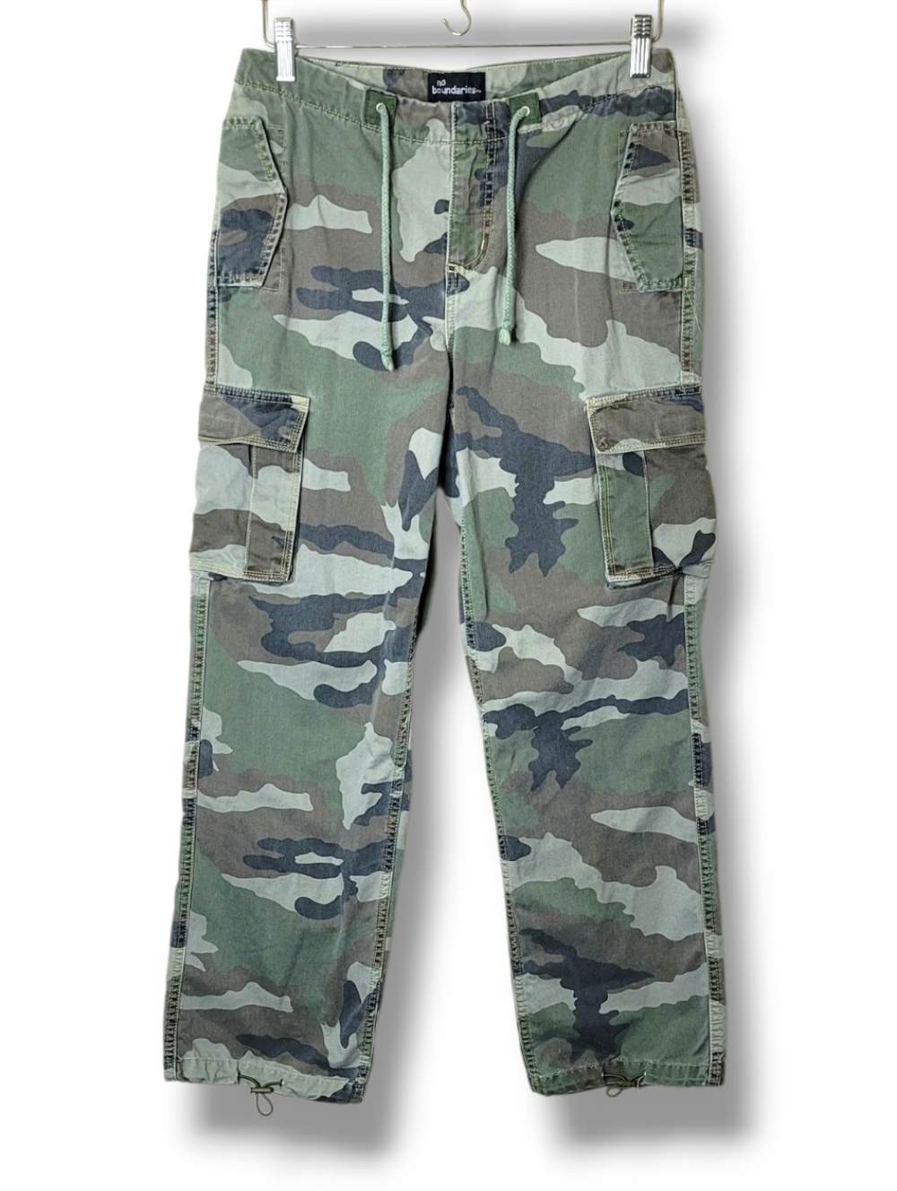 Vintage Y2K No Boundaries Baggy Camo Cargo Cinch Pants Drawstring Cotton Size 9